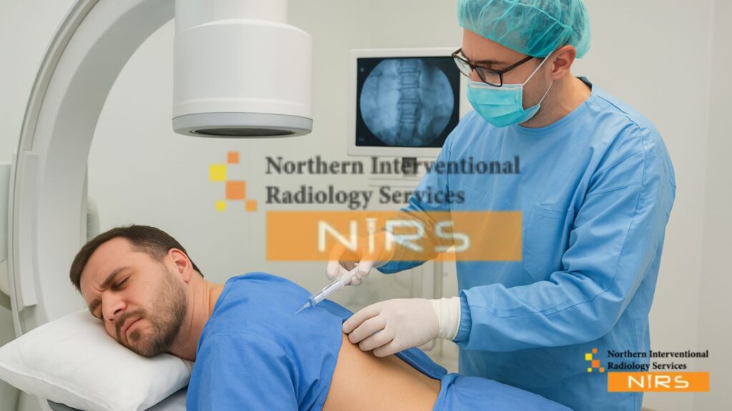 Patient receiving ozone therapy for spinal pain under fluoroscopy guidance at Northern Interventional Radiology Services Islamabad before spine surgery