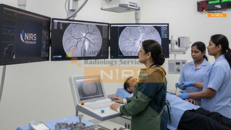 Expert interventional radiologist performing safe and accurate angiography procedure using advanced DSA imaging at NIRS Peshawar.