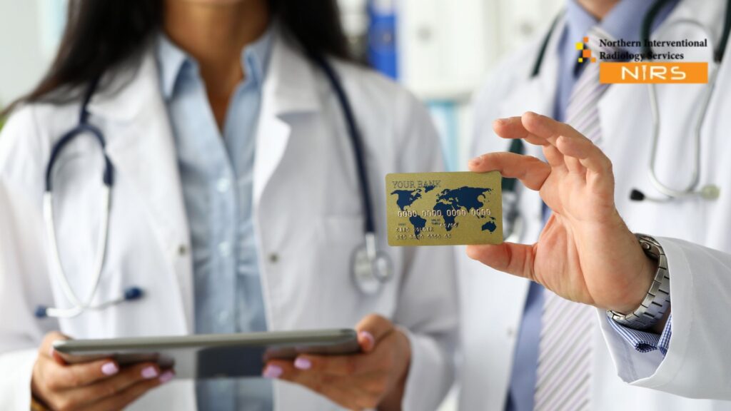 Illustration showing how interventional radiology reduces hospital stay, highlighting minimally invasive NIRS-guided procedures, faster recovery, less pain, shorter admission time, and improved patient outcomes in modern medical care.